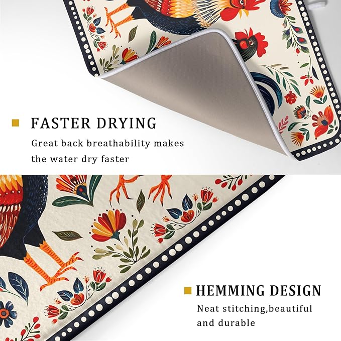 Rooster Poultry Dish Drying Mat for Kitchen Counter 18x24 Inch Microfiber Absorbent Colorful Printing Drying Pad - Image 3