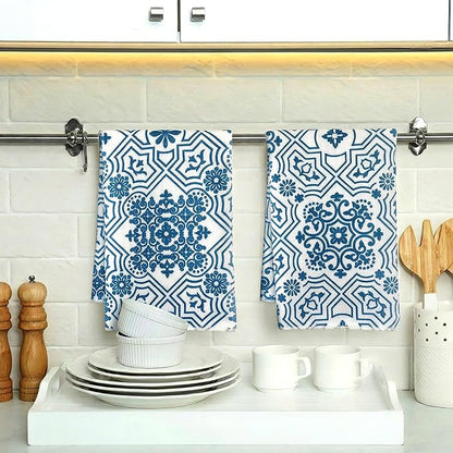 Jingmore 6 Pcs Kitchen Decor Set Accessory Farmhouse Kitchen Towels Pot Holders Oven Mitts Set 2 Dish Towels 2 Pot Holders 2 Cooking Mittens Oven Glove for Cooking (Blue,White,Chinoiserie Printed) - Image 2