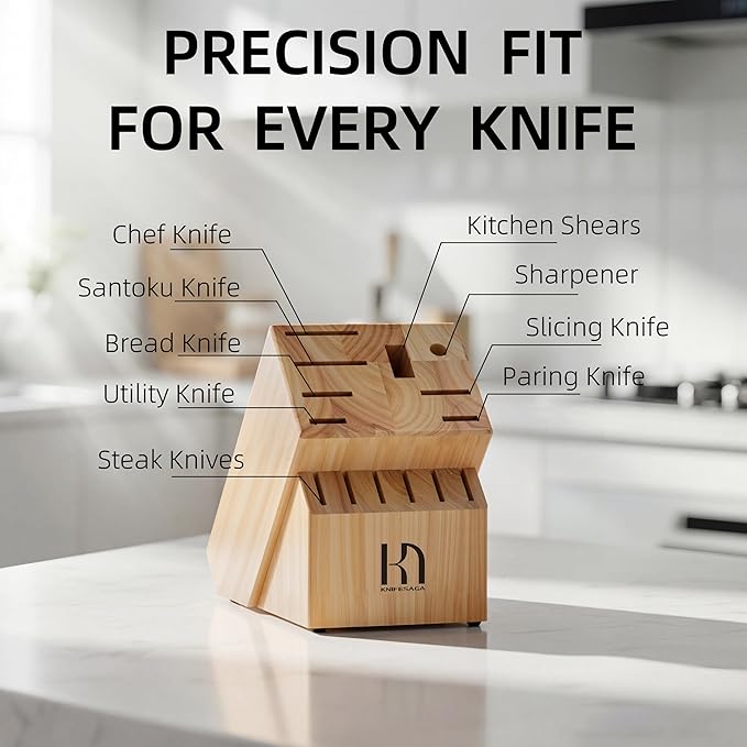 Knife Set Premium, Japanese 15 Pcs High Carbon Stainless Steel Kitchen Knife Block Set with Sharpener, Razor Sharp Knives Set for Kitchen with Natural Wood Block, Long-Lasting Edge