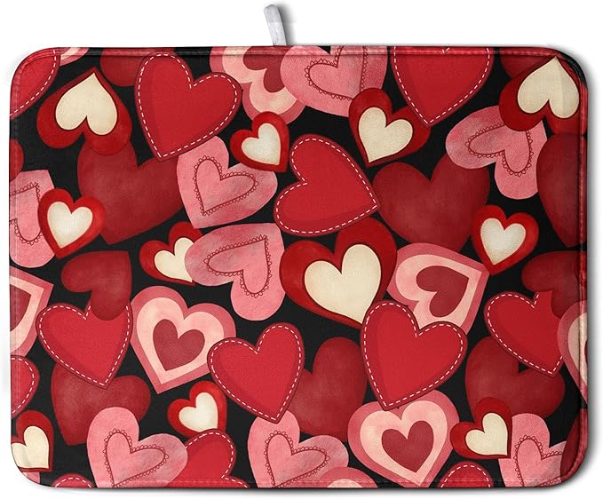 Valentine Dish Drying Mat for Kitchen Counter Red Black Love Heart Drying Pad Microfiber Absorbent Coffee Bar Mat Heat Resistant Countertop Protector Dishes Drainer Mat 18x24 Inch by Kwlegh