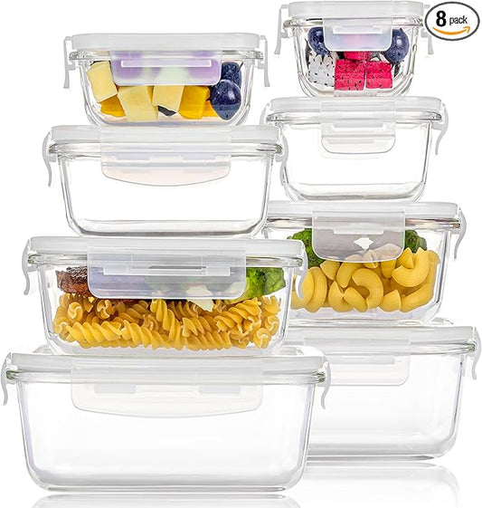 Vtopmart 8 Pack Glass Food Storage Containers with Airtight Lids, Glass Meal Prep Containers, Lunch Office Meal for Microwave, Oven, Freezer and Dishwasher, BPA Free by Vtopmart