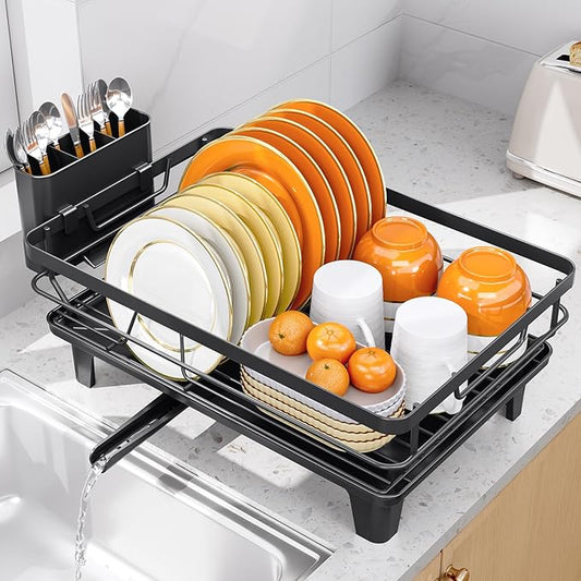 TOOLF Dish Drying Rack, Small Dish Racks for Kitchen Counter, Stainless Steel Sink Organization and Storage Essentials with Cutlery Holder, Dish Drainer, Home and Appartment Decor, Black