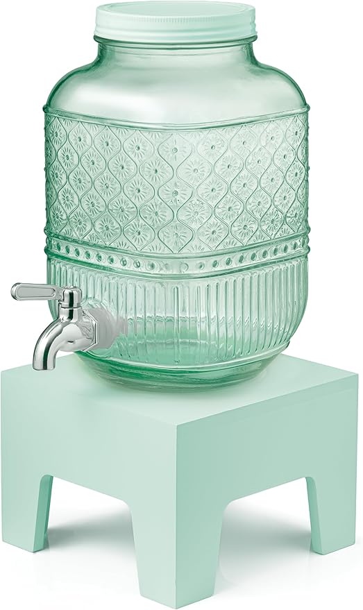 Beverage Dispenser 1 Gallon, Glass Drink Dispenser with Wooden Base Stand, Wide Mouth Jar for Lemonade, Iced Tea, Infused Water, Vintage Kitchen Decor - Green