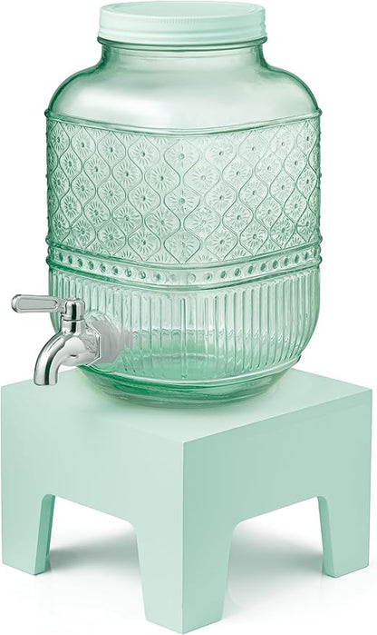 Beverage Dispenser 1 Gallon, Glass Drink Dispenser with Wooden Base Stand, Wide Mouth Jar for Lemonade, Iced Tea, Infused Water, Vintage Kitchen Decor - Green