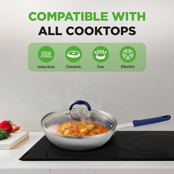 NutriChef 10'' Medium Fry Pan with Lid - Non-stick Pan with Silicone Handle, Ceramic Coating Inside