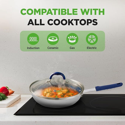 NutriChef 10'' Medium Fry Pan with Lid - Non-stick Pan with Silicone Handle, Ceramic Coating Inside