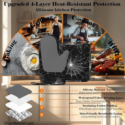 Spider Web Oven Mitts and Pot Holders Sets Silicone Kitchen Mitts Potholders Heat Resistant Oven Gloves Hot Pads for Kitchen Baking Cooking