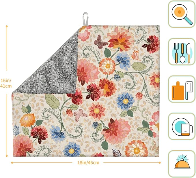 Mandala Flowers Dish Drying Mat 16x18 Inch, Microfiber Absorbent Fast Dry Mat Colorful Floral Large Dish Mat Drying Kitchen Mat, Kitchen Drying Pad for Kitchen Counter Coffee Bar Decor Gifts