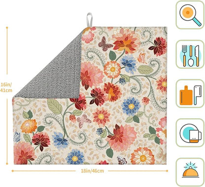 Mandala Flowers Dish Drying Mat 16x18 Inch, Microfiber Absorbent Fast Dry Mat Colorful Floral Large Dish Mat Drying Kitchen Mat, Kitchen Drying Pad for Kitchen Counter Coffee Bar Decor Gifts
