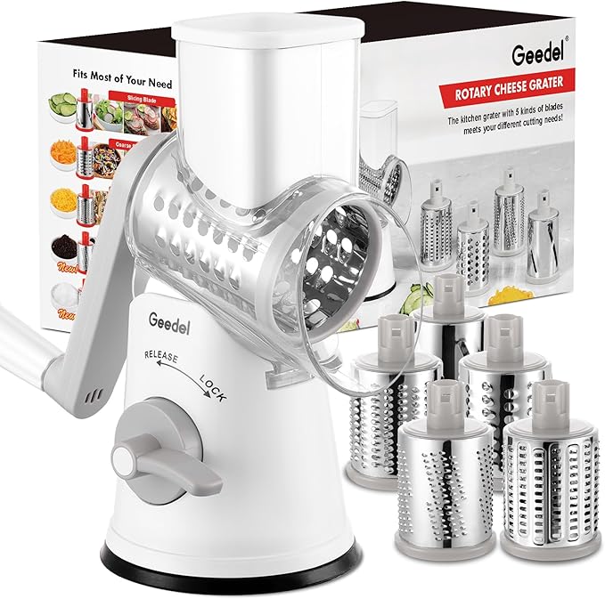 Geedel Rotary Cheese Grater Cheese Shredder - Upgraded 5-in-1 Cheese Grater with Handle and Strong Suction Base, Multi-purpose Vegetable Slicer Ice Shaver Nuts Grinder for Ice, Vegetables, Fruit, Nuts by Geedel