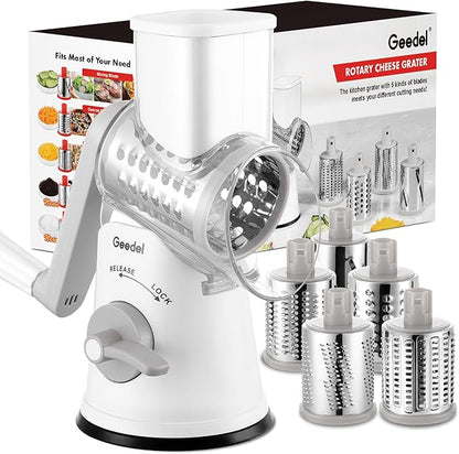 Geedel Rotary Cheese Grater Cheese Shredder - Upgraded 5-in-1 Cheese Grater with Handle and Strong Suction Base, Multi-purpose Vegetable Slicer Ice Shaver Nuts Grinder for Ice, Vegetables, Fruit, Nuts by Geedel