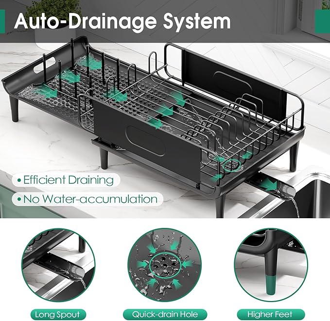 Large Extendable Dish Drying Rack, 16.93" to 26.57" Expandable Dish Rack for Kithen Counter, with Multifunctional Drainboard, Fits Any Sink, Heavy-Duty Steel Plate Drainer for Countertop Organization - Image 6