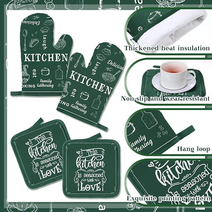12 Pcs Farmhouse Kitchen Decor and Accessories Sets 4 Green Kitchen Towels 4 Absorbent Dishcloths 2 Pot Holders 2 Oven Mitts Gloves for Home Decorations Mom Gifts