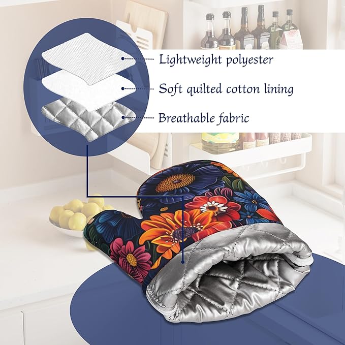 Colourful Flowers Potholders & Oven Mitts Sets Spring Floral Silicone Heat Resistant Oven Mits and Hot Pads Non-Slip Pot Holders Gloves for Kitchen Chef Cooking Baking Grilling BBQ