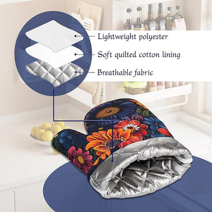 Colourful Flowers Potholders & Oven Mitts Sets Spring Floral Silicone Heat Resistant Oven Mits and Hot Pads Non-Slip Pot Holders Gloves for Kitchen Chef Cooking Baking Grilling BBQ