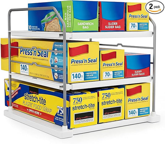 EVERIE Extendable 3-Tier Kitchen Cabinet & Pantry Organizer for Plastic Wrap, Foil & Storage Bags, Adjustable Heavy Duty Shelf Rack for Wrap Boxes, Jars & Snack Boxes (11–16.7 in Wide), Pack of 2