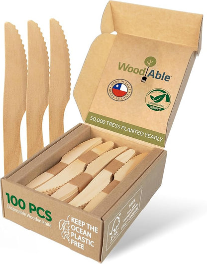 Disposable Wooden Cutlery Set - 100% Home Compostable - 100 Knives 6.5", Bamboo Utensils Alternative, Eco-Friendly, Organic, Sustainable and Carbon Neutral Certified by WoodAble