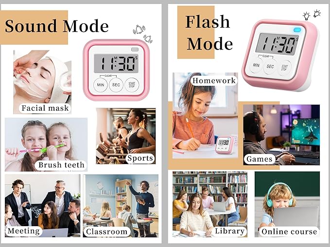 Timer, Kitchen Timers for Cooking Classroom Timer for Kids Teachers Magnetic Digital Timers 4 Pack, Pink - Image 2
