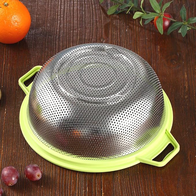 HiramWare Stainless Steel Colander With Handle and Legs, Large Metal Green Strainer for Pasta, Spaghetti, Berry, Veggies, Fruits, Noodles, Salads, 5-quart 10.5” Kitchen Mesh Colander, Dishwasher Safe - Image 4