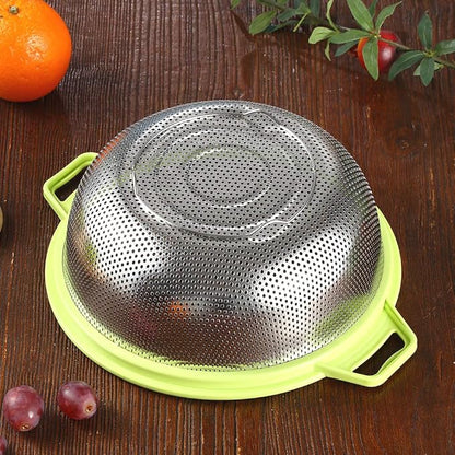 HiramWare Stainless Steel Colander With Handle and Legs, Large Metal Green Strainer for Pasta, Spaghetti, Berry, Veggies, Fruits, Noodles, Salads, 5-quart 10.5” Kitchen Mesh Colander, Dishwasher Safe - Image 4