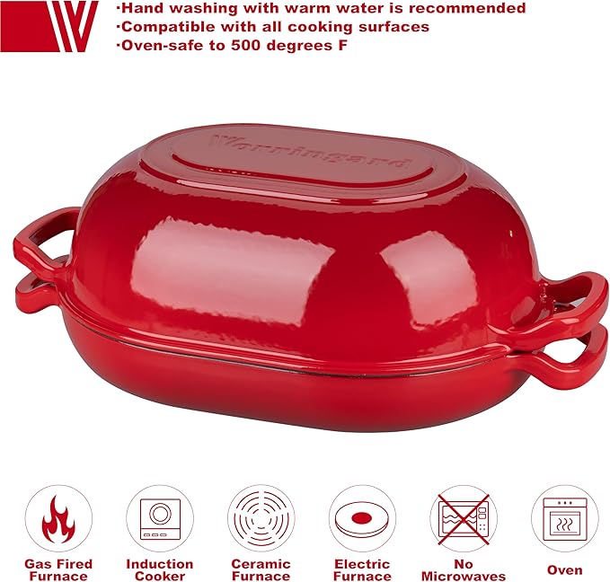 VORRINGARD Enameled Cast Iron Sourdough Bread Oven, Dutch Oven, Loaf Cast Iron Bread Pan for Homemade Bread Baking, Meatloaf Pan with Lid, 7QT, Red - Image 3