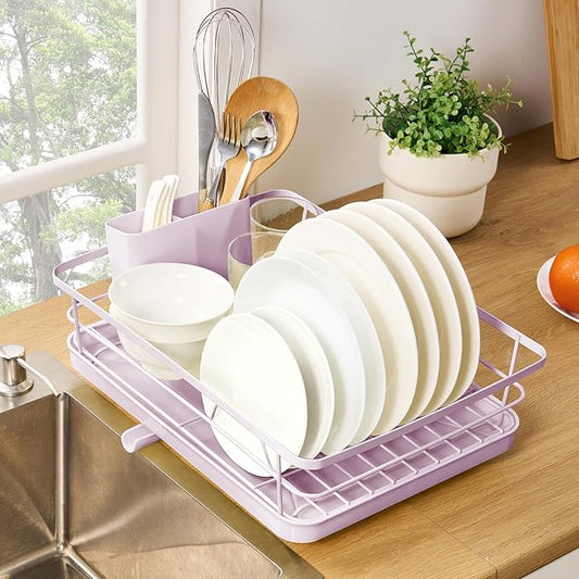 Dish Drying Rack 3 Piece Dish Drainer with Drainboard Set for Kitchen Counter – Dish Rack with Removable Utensil Holder & Swivel Spout for Countertop – DishRack for Plates, Cups & More, Pale Pink