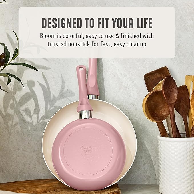 GreenLife 2-Piece Nonstick Frying Pan Set, 8” & 10” Skillets, Non-Toxic Ceramic Cookware, Dishwasher Safe, Stay-Cool Handles, Induction Ready, Fast Heating, Omelet Pan, PFAS Free, Blush Pink