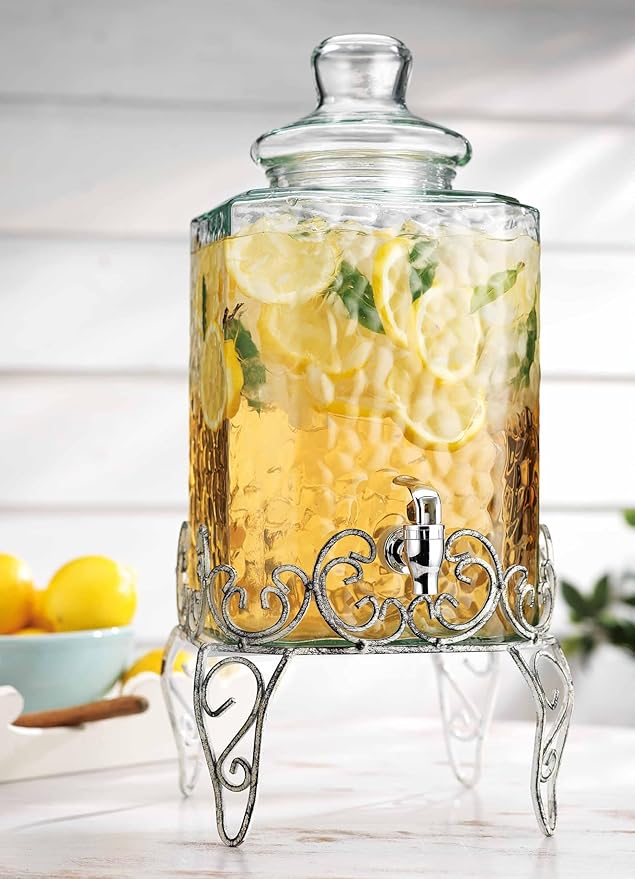 MosJos 2.5 Gallon Classic Hammered Glass Beverage Dispenser with Elegant Stand - Glass Drink Dispenser with 100% Leak Proof Spigot, Party Drink Dispensers for Lemonade, Punch, Water, Juice - Image 9