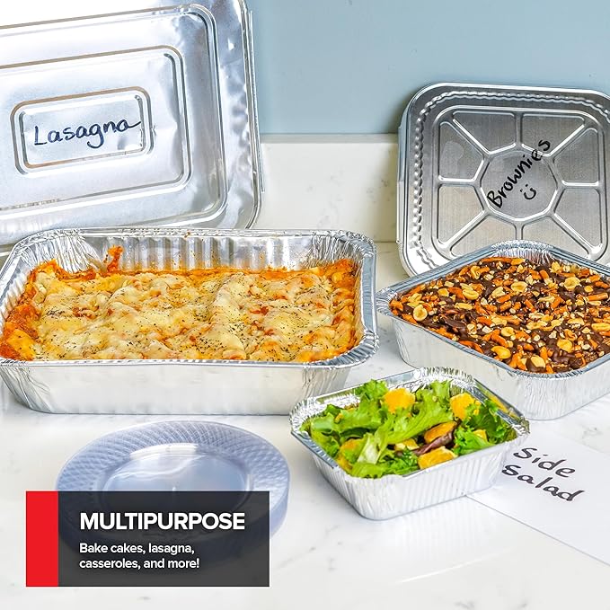 Stock Your Home Disposable Foil Pans with Lids (Set of 40) Heavy Duty Aluminum Pans with Lids (20) 9x13, (10) 8x8, (10) 1-Lb Baking Tins with Covers for Cooking, Heating, Storing, Holiday Dinner Meals - Image 7