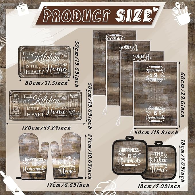 Fourluoo 10 Pcs Farmhouse Kitchen Decor and Accessories Set 4 Kitchen Towels 2 Pot Holders 2 Oven Mitts 2 Rugs for Cooking Baking Mom Housewarming Gifts(Brown Gray,Classic Style) - Image 3