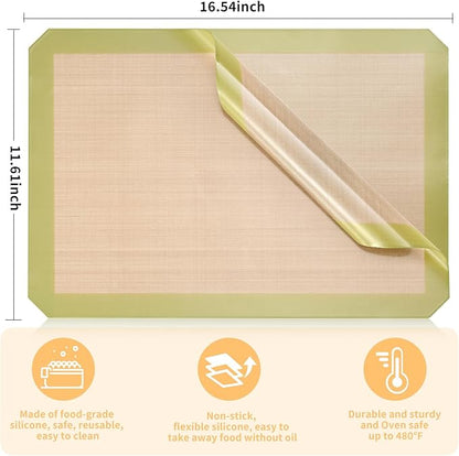 Luckyiren 2-Pack Silicone Baking Mats – Non-Stick Reusable BPA-Free Oven Liners, 100% Food-Grade Silicone, Fit Half Sheet Pans (16.54" x 11.62") for Cookies, Pastry & More, Coffee with Sage Green Edge