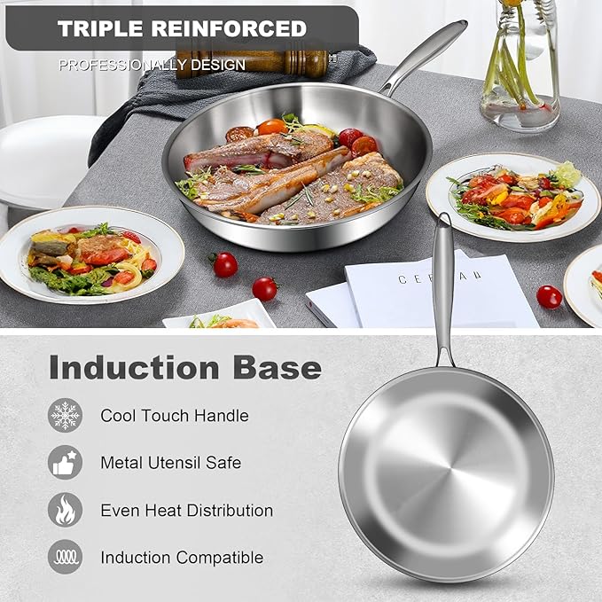 EWFEN 12 Inch Tri-Ply Stainless Steel Frying Pan, Compatible with All Cooktops Up to 600℉, Large Frying Pan Induction-Ready Skillet, Dishwasher and Oven Safe, Even Heat, 12" Skillet - Image 4