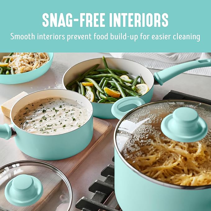 GreenLife Soft Grip 16 Piece Cookware Set, Non-Toxic PFAS-Free Ceramic Nonstick, Pots, Frying, Sauce, Saute, Glass Lids, Stay-Cool Handles, Wobble Free Bases, Dishwasher & Oven Safe, Turquoise - Image 3
