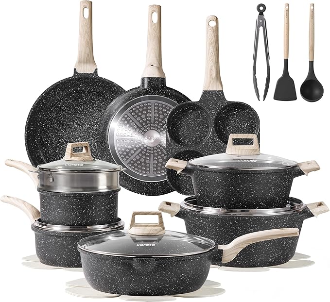 CAROTE 21pcs Pots and Pans Set Nonstick, Cookware Set Black Granite Induction Kitchen Cooking Set w/Frying Pans & Saucepans(PFOS, PFOA Free) by CAROTE
