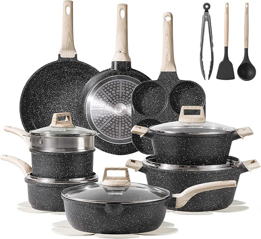 CAROTE 21pcs Pots and Pans Set Nonstick, Cookware Set Black Granite Induction Kitchen Cooking Set w/Frying Pans & Saucepans(PFOS, PFOA Free) by CAROTE