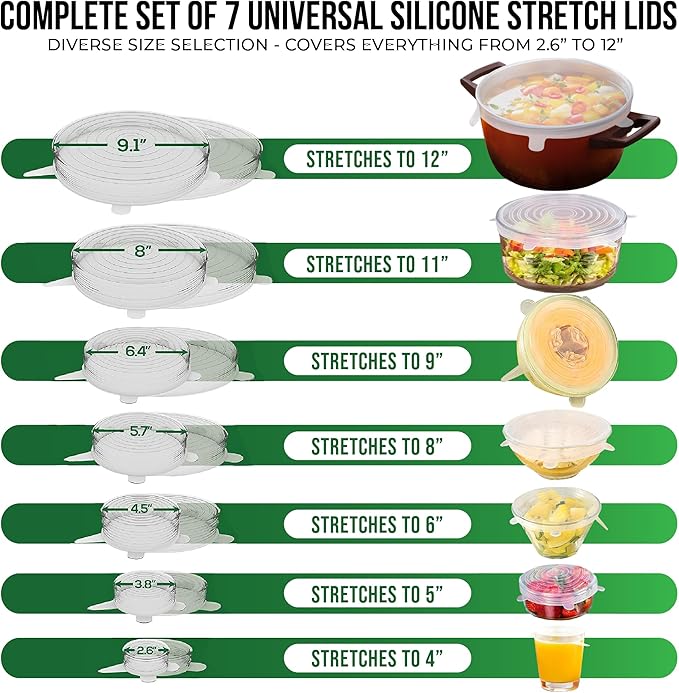 Reusable Silicone Stretch Lids for Food Storage in Fridge - Elastic Heat-Resistant Bowl Covers, Cups, Cans, Jars - Universal Food Grade Lid for Round and Rectangle Containers - Dishwasher Safe -7 Pack - Image 2