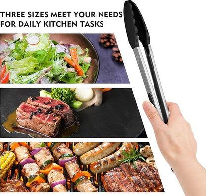 HOTEC Premium Stainless Steel Locking Kitchen Tongs with Silicon Tips, Set of 3-7", 9" and 12", Black, Grey, White - Image 7