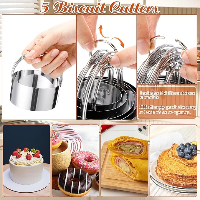 10 Pcs Stainless Steel Pastry Biscuit Cutter Set Include 3 Cup Flour Sifter Biscuit Cutter Pastry Scraper Dough Scraper Silicone Baking Mat Fine Mesh Strainer for Cooking Cookies Donuts Cake - Image 6