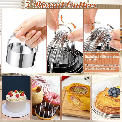 10 Pcs Stainless Steel Pastry Biscuit Cutter Set Include 3 Cup Flour Sifter Biscuit Cutter Pastry Scraper Dough Scraper Silicone Baking Mat Fine Mesh Strainer for Cooking Cookies Donuts Cake - Image 6