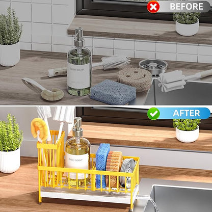 Cisily Sponge Holder for Kitchen Sink, Sink Caddy Organizer with High Brush Holder, Kitchen Countertop Organizers, 304 Stainless Steel, Lemon Yellow Kitchen Decor and Accessories - Image 6
