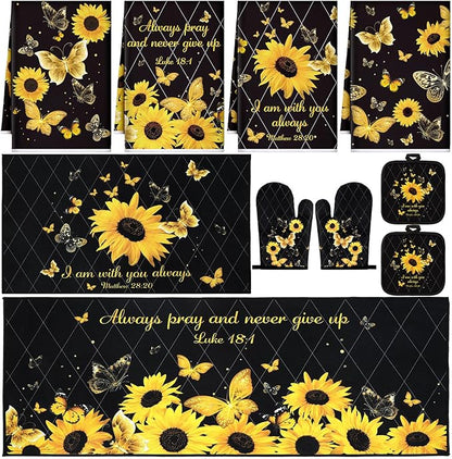 Fourluoo 10 Pcs Sunflower Butterfly Kitchen Dish Towels Rugs Oven Mitts and Pot Holders Set Farmhouse Kitchen Decor Set for Women Mom Daughter Gift Cooking Baking Grilling (Bright Black)
