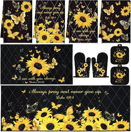 Fourluoo 10 Pcs Sunflower Butterfly Kitchen Dish Towels Rugs Oven Mitts and Pot Holders Set Farmhouse Kitchen Decor Set for Women Mom Daughter Gift Cooking Baking Grilling (Bright Black)