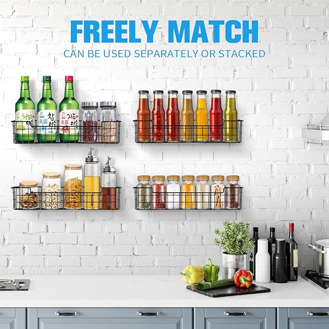 Spice Rack Organizer Wall Mount, Spice Organization Storage Shelf for Cabinet Door, 4 Packs Wall Spice Rack Saving Space for Kitchen, Black - Image 3
