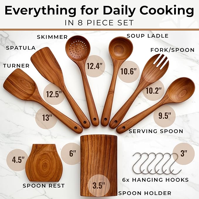 Wooden Utensil Set 8 Pcs – Sturdy & Easy to Clean, Natural Teak Wooden Spoons for Cooking – Non-Scratch Cooking Utensils with Spatula, Turner, Ladle, Spoons, Skimmer, Holder, Spoon Rest & 6 Hooks - Image 6