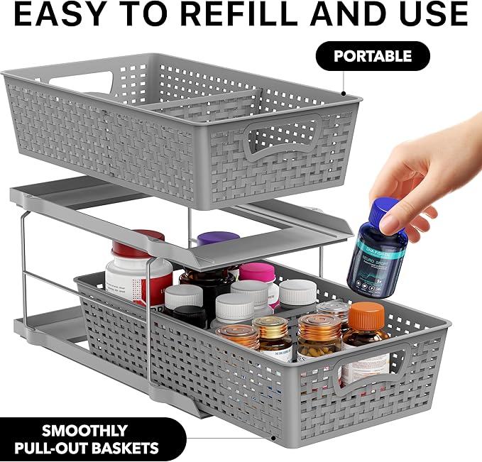 Simple Houseware 2 Tier Bathroom Organizer Tray Pull-Out Sliding Drawer, Under Sink Storage, Gray - Image 3
