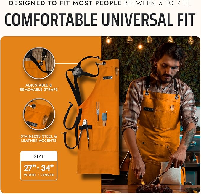 Asaya Chef and BBQ Apron with Bottle Opener and Hand Towel - 10oz Cotton Canvas, Stainless Steel Hardware - Cross Back Straps - Image 5