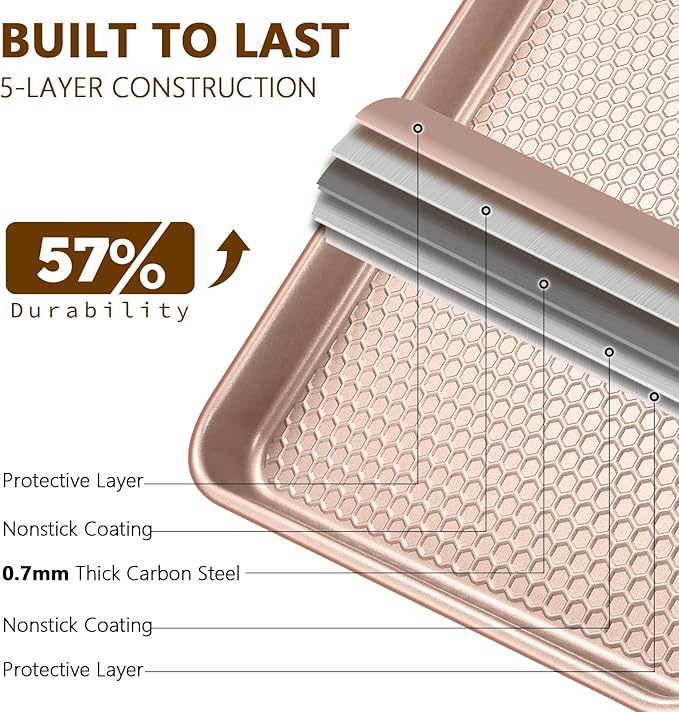 Wildone Baking Sheet Pan Set, Honeycomb Embossed Nonstick Baking Sheet 15x10 In, Thicker Carbon Steel Cookie Sheet, Even Heating Jelly Roll Pan, Rose Gold, 2 Pack - Image 3