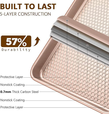 Wildone Baking Sheet Pan Set, Honeycomb Embossed Nonstick Baking Sheet 15x10 In, Thicker Carbon Steel Cookie Sheet, Even Heating Jelly Roll Pan, Rose Gold, 2 Pack - Image 3