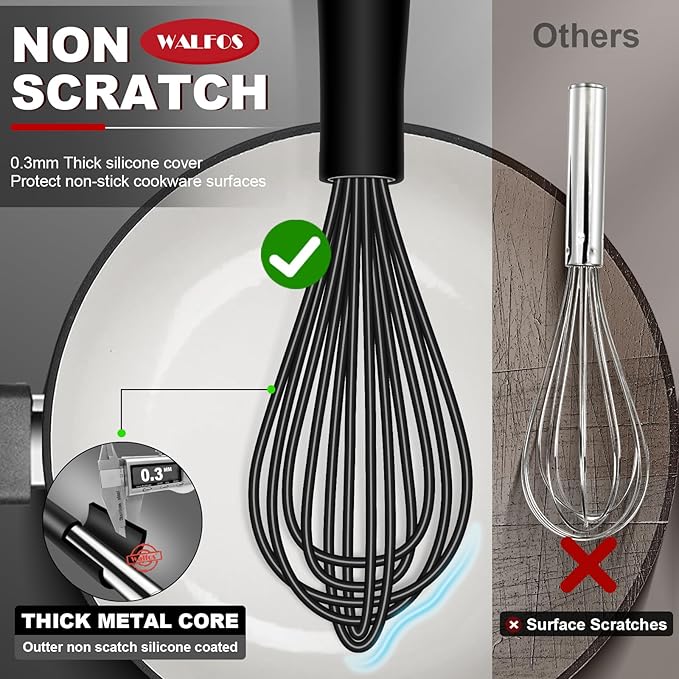Silicone Whisks set with 7+5in mini stainless steel whisk, Non Scratch Coated 7+9+11in Whisks for Nonstick Cookware,Premium for Blending, Whisking, Beating, Frothing & Stirring - Image 2