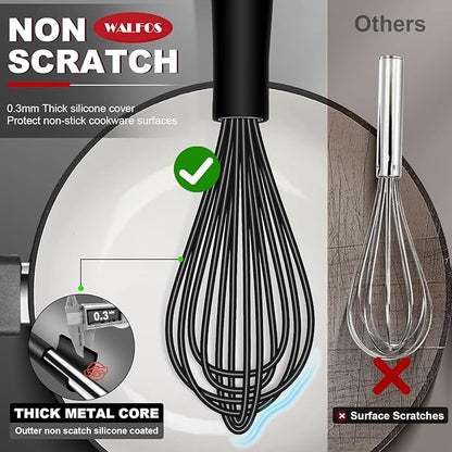 Silicone Whisks set with 7+5in mini stainless steel whisk, Non Scratch Coated 7+9+11in Whisks for Nonstick Cookware,Premium for Blending, Whisking, Beating, Frothing & Stirring - Image 2
